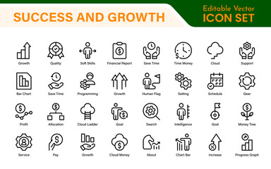 Poster - Growth and Success modern outline style icons set. Successful business development, plan and process symbol illustration.