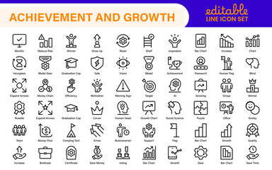 Poster - Growth and Success modern outline style icons set. Successful business development, plan and process symbol illustration.