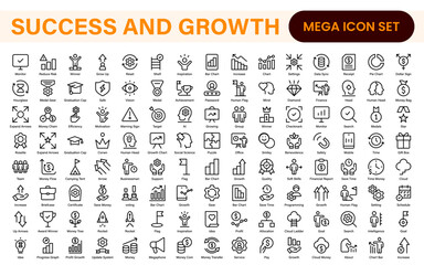 Poster - Growth and Success modern outline style icons set. Successful business development, plan and process symbol illustration.