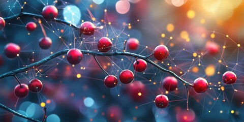 Poster - Abstract representation of red berries on a branch with glowing connections and bokeh effect