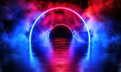 Poster - Neon light arches in colorful fog over reflective water surface at night