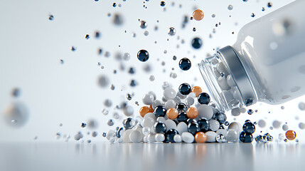 Poster - Dynamic pouring of colorful spheres from a bottle studio setting high-speed photography artistic environment close-up view abstract concept