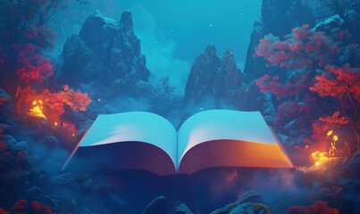 Poster - Open book in mystical landscape with glowing trees and mountains at night