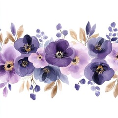 Poster - Seamless border of blooming watercolor purple and violet flowers with brown leaves