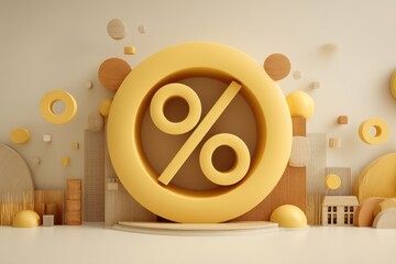 Poster - A large yellow percentage symbol stands prominently against a white backdrop, accompanied by various geometric shapes of different sizes