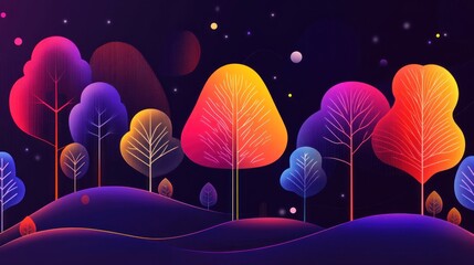 Neon trees night landscape, digital art
