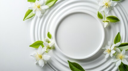 Poster - White plate with a flower design on it. The plate is empty and surrounded by green leaves