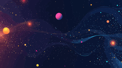 Poster - Abstract Starry Sky with Magnetic Waves and Cosmic Elements, Planets, and Stars in Minimalist Vector Style for Technology and Space Concepts
