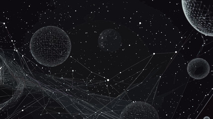 Poster - Abstract Starry Sky Vector with Wireframe Planets and Constellations - Minimalist Space Concept with Points, Lines, and Shapes Depicting the Universe for Graphic Resources and Science Themes