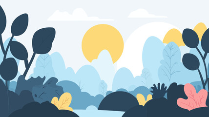 Poster - Scenic Nature Landscape with Sun and Trees - Flat Design Vector for Web or Graphic Design