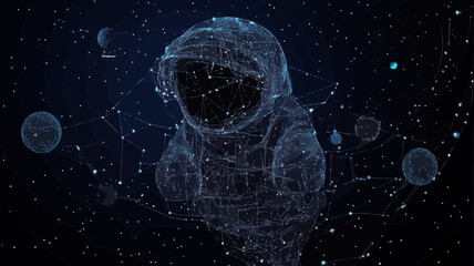 Poster - Abstract Astronaut in Starry Space Vector Wireframe, Cosmic Universe Concept with Planets and Stars, Futuristic Space Exploration