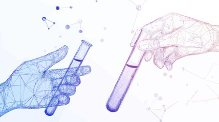 Poster - Digital Science and Analysis Concept with Low Poly Wireframe Test Tubes and Hands in Abstract Vector Art