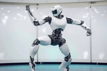 Poster - Robot performing a dynamic dance routine in a futuristic studio setting