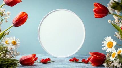 Poster - White plate with a red flower in the middle. The plate is surrounded by a bunch of red flowers