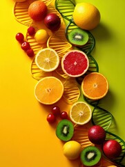Aufkleber - Fragrant Fruits in Spiral Arrangement on Vibrant Yellow and Green Backdrop Showcasing Natural Beauty and Creativity