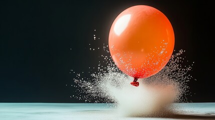 Poster - Red and orange balloon is falling to the ground. The balloon is surrounded by a cloud of dust