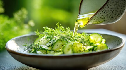 Poster - Artistic shot of creamy cucumber salad in a ceramic bowl, with a scattering of extra dill and perhaps a drizzle of olive oil. Simple and flavorful vegetarian fare.