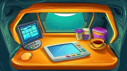 Poster - Futuristic spaceship interior workstation with various devices.