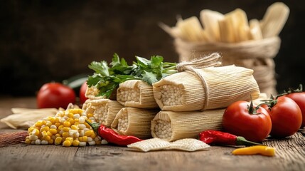Poster - Authentic Mexican dish featuring a pile of corn husk-wrapped tamales, rustic background