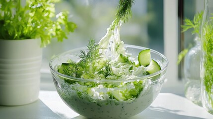 Poster - Brightly lit image of a bowl of creamy cucumber salad, highlighting the fresh green of the cucumbers and the white creamy texture with visible dill. Summer vegetarian food.