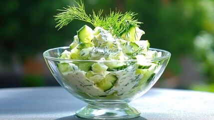 Poster - Brightly lit image of a bowl of creamy cucumber salad, highlighting the fresh green of the cucumbers and the white creamy texture with visible dill. Summer vegetarian food.
