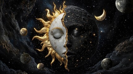 Poster - Celestial artwork with half sun and half moon face, surrounded by stars on dark background
