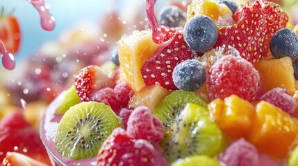 Poster - Colorful smoothie bowl close-up, fresh fruit topping, vibrant colors, macro shot