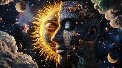 Poster - Cosmic face split between sun and moon, ornate star patterns over dark celestial canvas