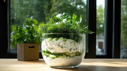 Poster - Creamy cucumber salad with visible flakes of dill and perhaps a hint of onion, presented in a clear glass bowl to show the layers. Healthy and delicious vegetarian option.