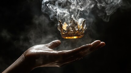 Poster - Dramatic crown levitating above hand, glowing in smoky, gothic ambiance