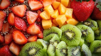 Poster - Healthy breakfast bowl, kiwi slices, strawberry pieces, papaya chunks, mixed seeds