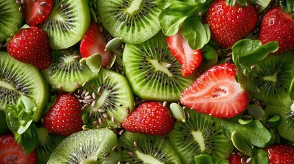 Poster - Healthy breakfast bowl, kiwi slices, strawberry pieces, papaya chunks, mixed seeds