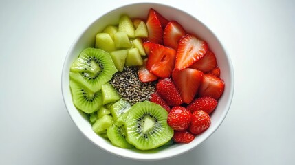 Poster - Healthy breakfast bowl, kiwi slices, strawberry pieces, papaya chunks, mixed seeds