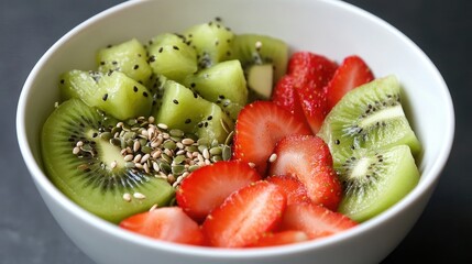 Poster - Healthy breakfast bowl, kiwi slices, strawberry pieces, papaya chunks, mixed seeds