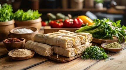 Poster - Heritage cuisine--tamales wrapped in husks, stacked with earthy tones and traditional flair