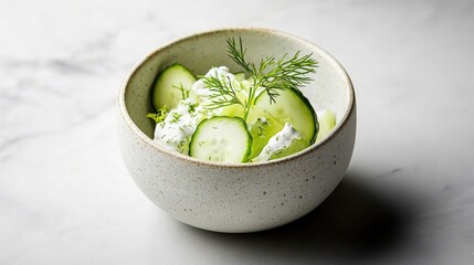 Poster - Individual serving of creamy cucumber salad in a small bowl, garnished with a delicate sprig of dill, showcasing the simple elegance of this vegetarian dish. Light and fresh. c9e202db7a78