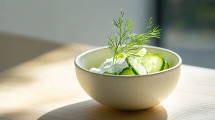 Poster - Individual serving of creamy cucumber salad in a small bowl, garnished with a delicate sprig of dill, showcasing the simple elegance of this vegetarian dish. Light and fresh. c9e202db7a78