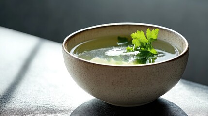 Poster - Individual serving of Italian wedding soup in an elegant bowl, garnished with fresh parsley, emphasizing the clear broth and the variety of ingredients. Delicious and nourishing.
