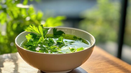 Poster - Individual serving of Italian wedding soup in an elegant bowl, garnished with fresh parsley, emphasizing the clear broth and the variety of ingredients. Delicious and nourishing.
