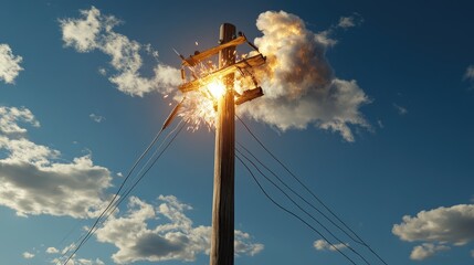 Poster - Isolated wooden power pole with a clearly visible electrical spark, emphasizing the single point of failure and the inherent danger. High voltage hazard zone.