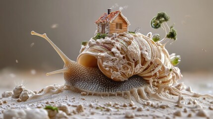 Poster - Macro image of a snail bearing a small house, intricate shell patterns, nature
