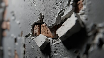 Poster - Macro view: damaged concrete wall, exposed brick fragments, time-worn texture