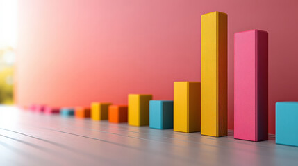 Aufkleber - Colorful 3D bar chart with gradient background, showcasing data visualization in minimalist style. bars vary in height, representing different values, on wooden surface