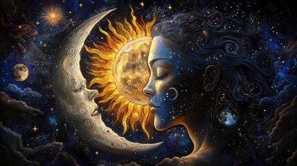 Poster - Mystic sun and moon split face, radiant with glowing stars in astral backdrop