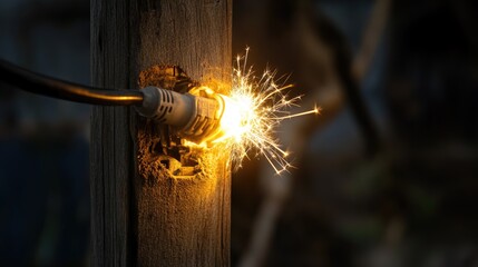 Aufkleber - Power line cable on a rustic wooden pole sparking intensely, illustrating the raw power and potential danger of electricity. Hazardous electrical equipment.