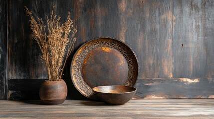 Poster - Rustic setting with two antique metal plates, simple background emphasizing their ornate details and the character of their aged metal. Vintage decorative objects.