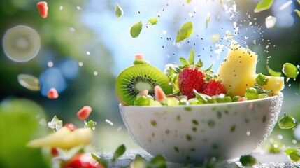 Poster - Vibrant smoothie bowl, kiwi, strawberries, papaya, seeds, bright light, healthy breakfast