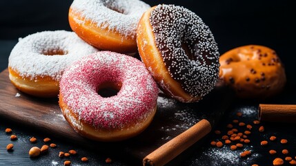 Poster - Stack of donuts with powdered sugar on top. The donuts are of different colors and flavors