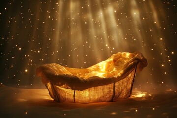 Poster - Warm golden light illuminates a delicate woven basket surrounded by sparkling particles