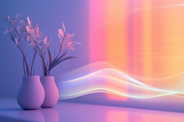 Poster - Creative interior design with colorful lighting and floral arrangements on a table